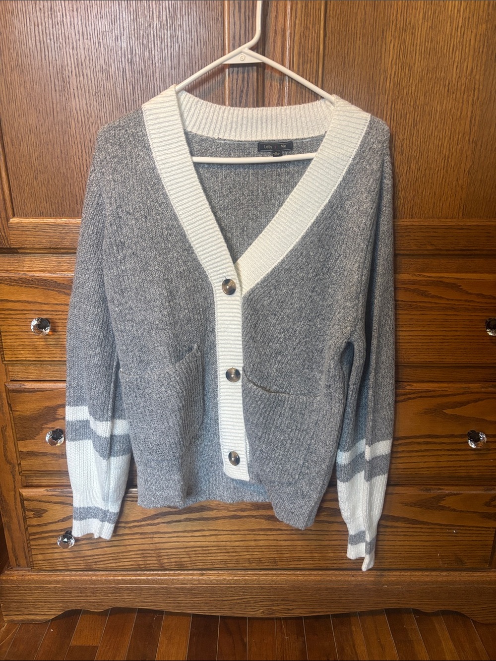 Cozy Gray & White V-Neck Cardigan Sweater, Oversized